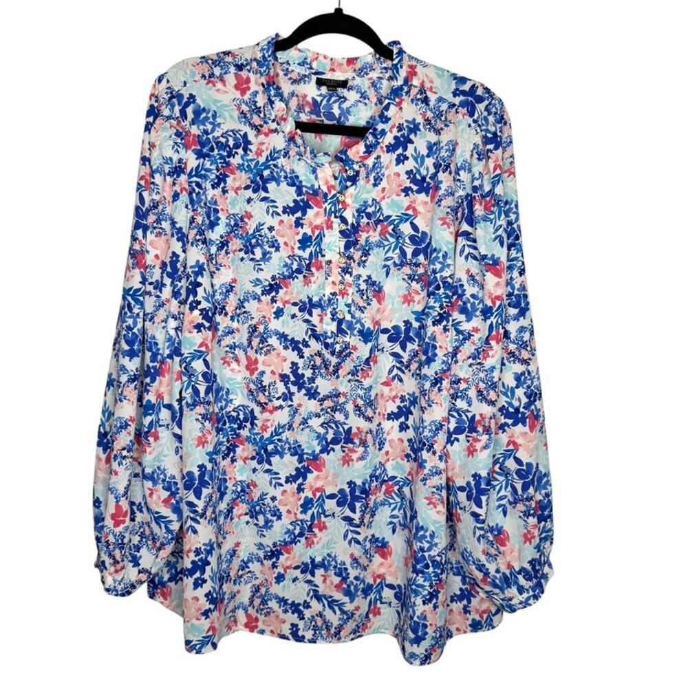TALBOTS / pink blue white micro floral long sleeve popover blouse top / 3Xp